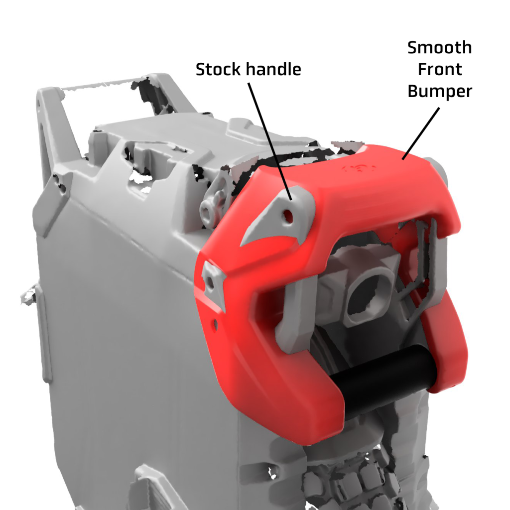 Smooth Front Bumper (red) eliminates knee interference compared to stock front handle on Veteran Oryx
